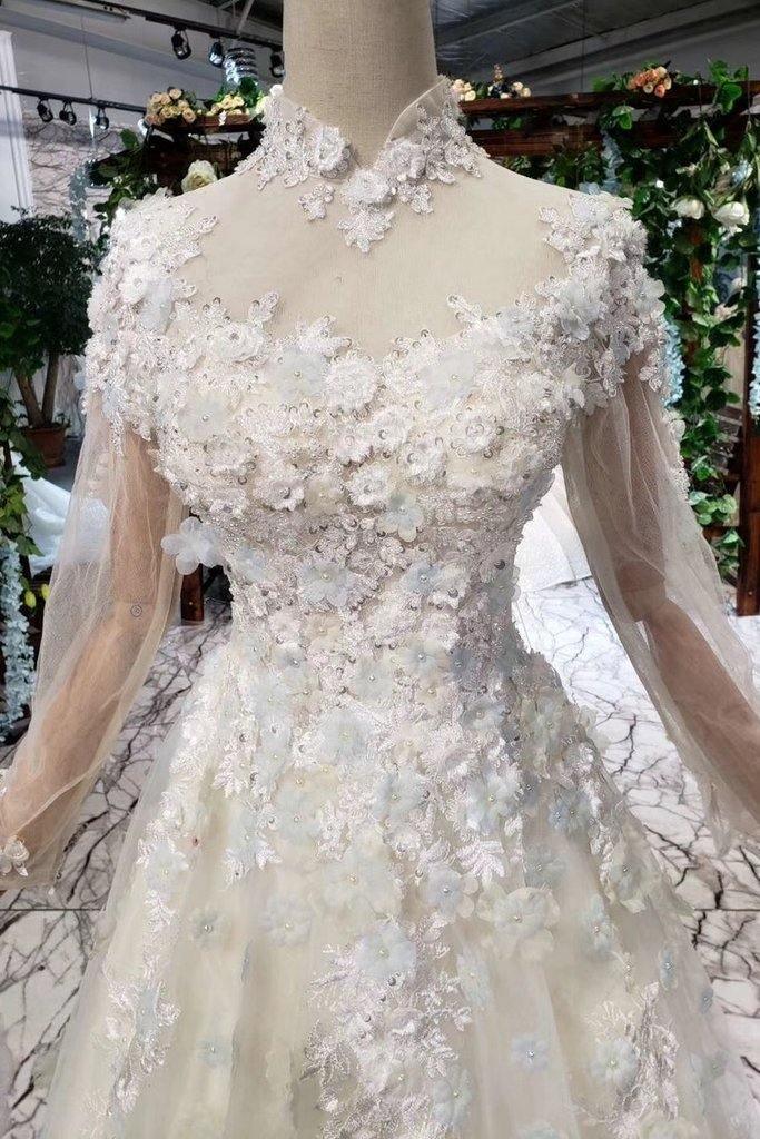 Prom Dresses Tulle High Neck Long Sleeves Handmade Flowers TP0856 - Tirdress