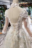 Prom Dresses Tulle High Neck Long Sleeves Handmade Flowers TP0856 - Tirdress