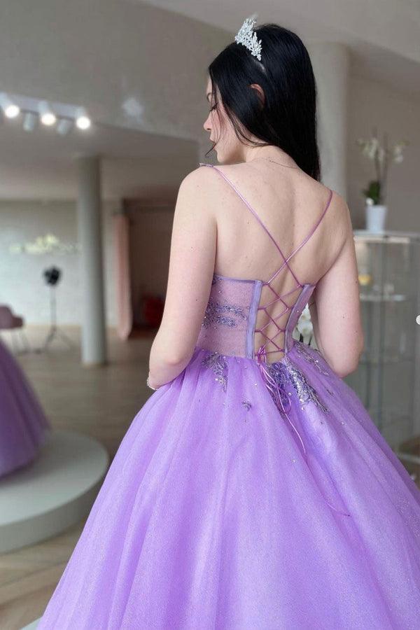 Purple V Neck Tulle Lace Long Prom Dress Purple Tulle Formal Dress TP1158 - Tirdress