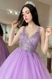 Purple V Neck Tulle Lace Long Prom Dress Purple Tulle Formal Dress TP1158 - Tirdress