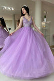 Purple V Neck Tulle Lace Long Prom Dress Purple Tulle Formal Dress TP1158 - Tirdress