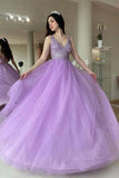 Robe de bal longue en dentelle de tulle violet col en V Robe de soirée en tulle violet TP1158