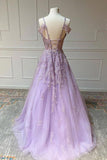 Purple V Neck Tulle Lace Long Prom Dress Purple Lace Formal Dress TP1042 - Tirdress