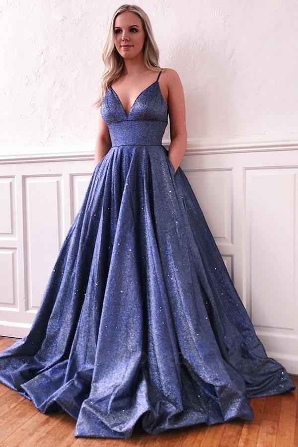 Spaghetti Straps Sleeveless Prom Evening Dress with Pockets TP0916 US2 / Blue Spaghetti Straps Sleeveless Prom Evening Dress with Pockets TP0916 US2 / Blue