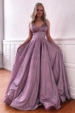 Purple Spaghetti Straps Sleeveless Prom Evening Dress with Pockets TP0916