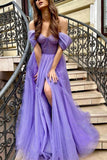 Purple Tulle A Line Long Prom Dress Off The Shoulder Evening Dress TP1087 - Tirdress