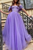 Purple Tulle A Line Long Prom Dress Off The Shoulder Evening Dress TP1087