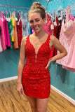 Appliques rouges décolleté en V plongeant robe de soirée à lacets HD0173