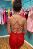 Red Appliques Plunge V Neckling Lace Up Homecoming Dress HD0173 - Tirdress