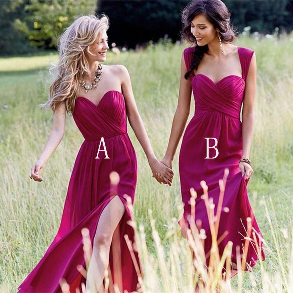 Red Cheap Chiffon Floor Length Side Split Long Bridesmaid Dresses BD056 - Tirdress