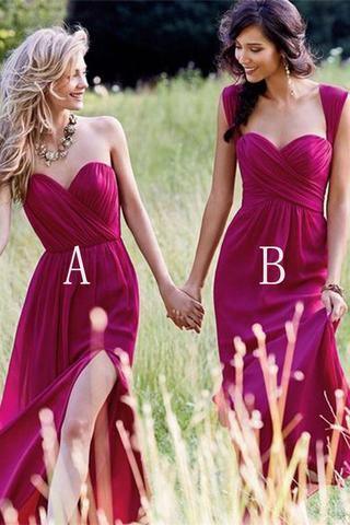 Red Cheap Chiffon Floor Length Side Split Long Bridesmaid Dresses BD056 - Tirdress