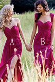 Red Cheap Chiffon Floor Length Side Split Long Bridesmaid Dresses BD056