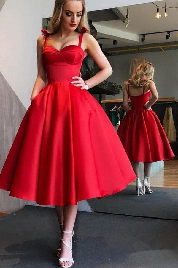 Red Cute Tea Length Graduation Dress Elegant Midi Prom Dresses TP0826 - Tirdress