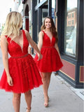 Red Lace Applique Beaded Homecoming Dresses V Neck Tulle Short Prom Dress HD0066 - Tirdress