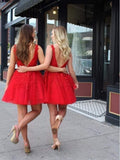 Red Lace Applique Beaded Homecoming Dresses V Neck Tulle Short Prom Dress HD0066 - Tirdress