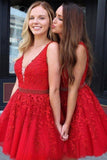 Appliques de dentelle rouge perlées robes de soirée col en V tulle robe de bal courte HD0066 