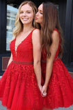 Red Lace Applique Beaded Homecoming Dresses V Neck Tulle Short Prom Dress HD0066 - Tirdress