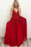 Red V Neck Tulle Lace Long Prom Dress Red Evening Dress PG673