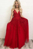 Robe de bal longue en dentelle de tulle rouge à col en V Robe de soirée rouge PG673 