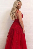 Red V Neck Tulle Lace Long Prom Dress Red Evening Dress PG673 - Tirdress