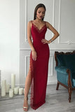 Gaine rouge bretelles spaghetti longues robes de bal fendues sur le côté, robes de soirée TP0156