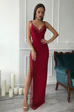 Burgundy Sheath Spaghetti Straps Long Side Slit Prom Evening Dresses TP0156