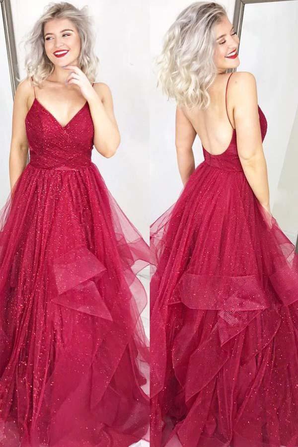 Red Spaghetti Straps A Line Sequins Prom Dresses, Backless Evening Dress TP0845 - Tirdress