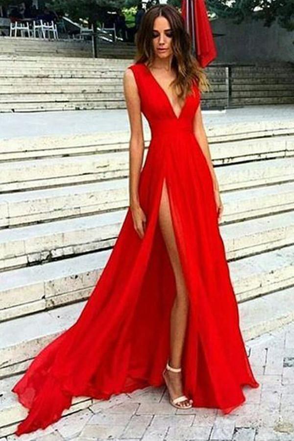 Red Split Prom Dresses,V Neck Chiffon Evening Dresses, Sexy Party Gowns TP0142 - Tirdress