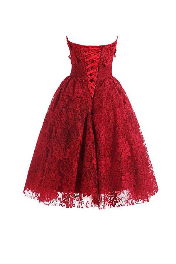 Red Sweetheart Knee Length Homecoming Dress Lace Cocktail Dress TR0016 - Tirdress
