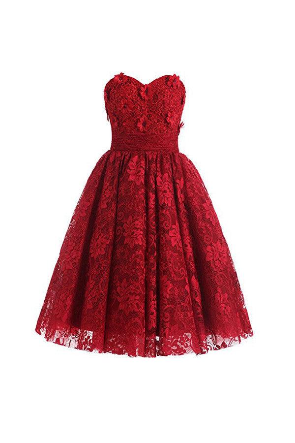 Red Sweetheart Knee Length Homecoming Dress Lace Cocktail Dress TR0016 - Tirdress