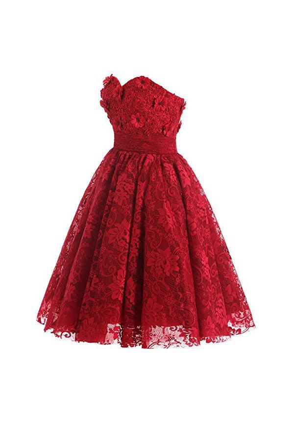 Red Sweetheart Knee Length Homecoming Dress Lace Cocktail Dress TR0016 - Tirdress