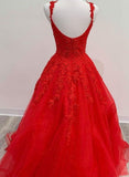 Red Tulle Lace Appliques Long Prom Dress A Line Formal Evening Dress TP1093 - Tirdress