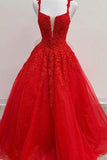 Red Tulle Lace Appliques Long Prom Dress A Line Formal Evening Dress TP1093 - Tirdress