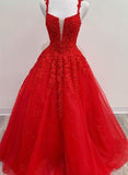 Red Tulle Lace Appliques Long Prom Dress A Line Formal Evening Dress TP1093 - Tirdress