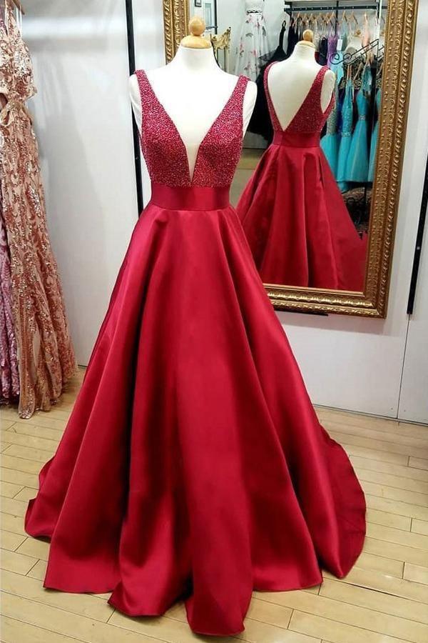 Red V-Neck Quinceanera Dresses Beading Backless Cheap Long Prom Dress TP0150 - Tirdress