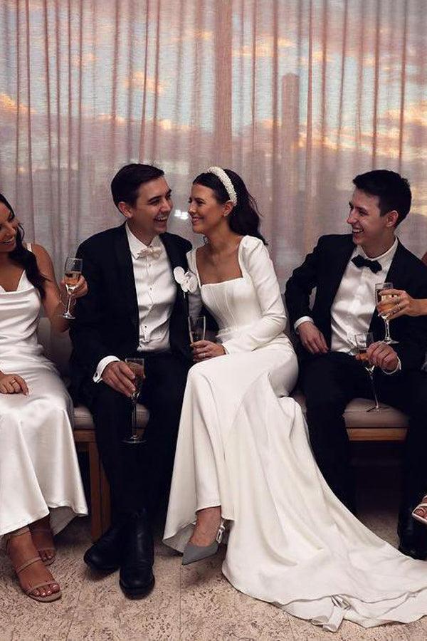 Retro Satin Long Sleeves Sweep Train Sheath Wedding Dress Bridal Gown TN284 - Tirdress