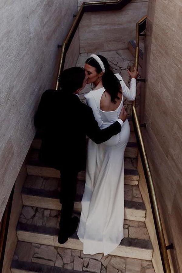 Retro Satin Long Sleeves Sweep Train Sheath Wedding Dress Bridal Gown TN284 - Tirdress