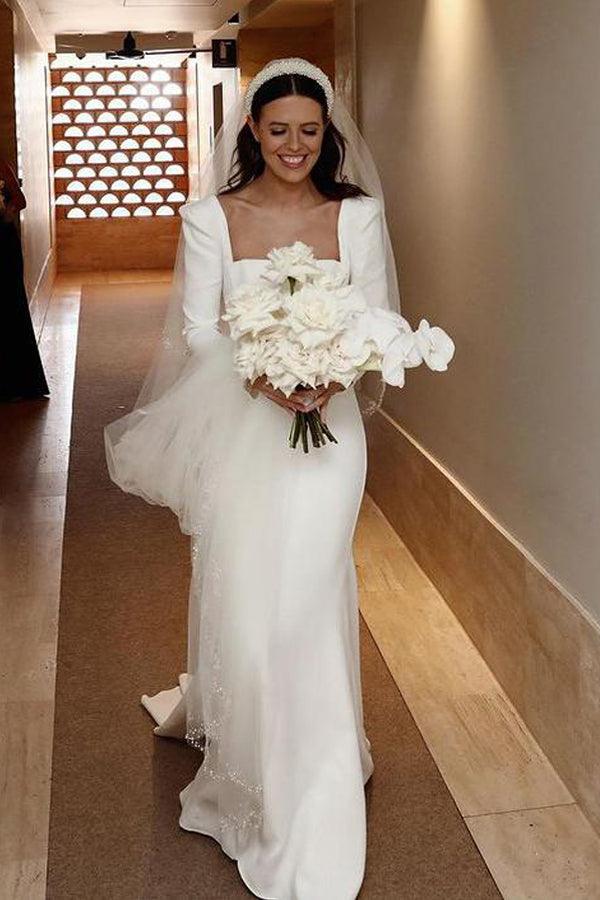 Retro Satin Long Sleeves Sweep Train Sheath Wedding Dress Bridal Gown US12 / As Picture Retro Satin Long Sleeves Sweep Train Sheath Wedding Dress Bridal Gown US12 / As Picture