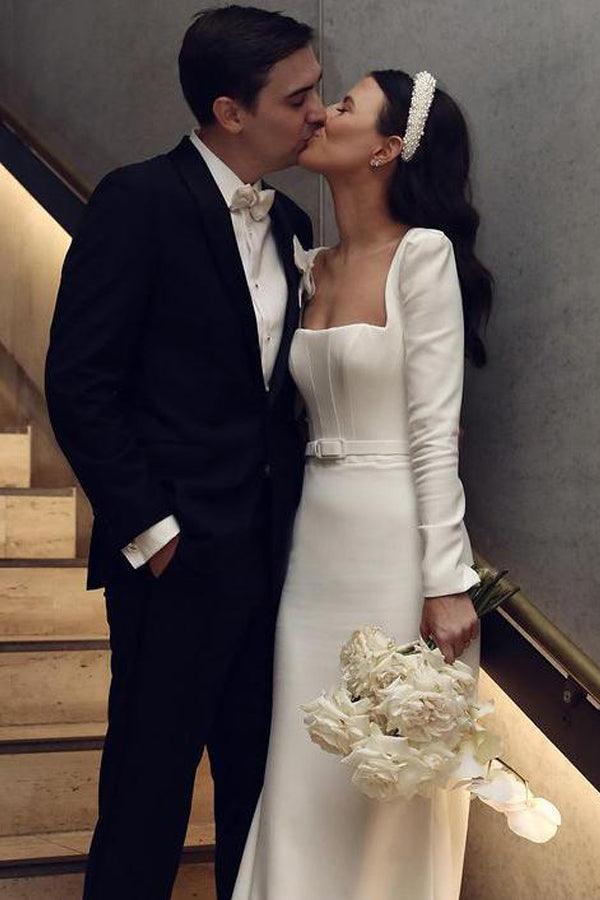 Retro Satin Long Sleeves Sweep Train Sheath Wedding Dress Bridal Gown US12 / As Picture Retro Satin Long Sleeves Sweep Train Sheath Wedding Dress Bridal Gown US12 / As Picture