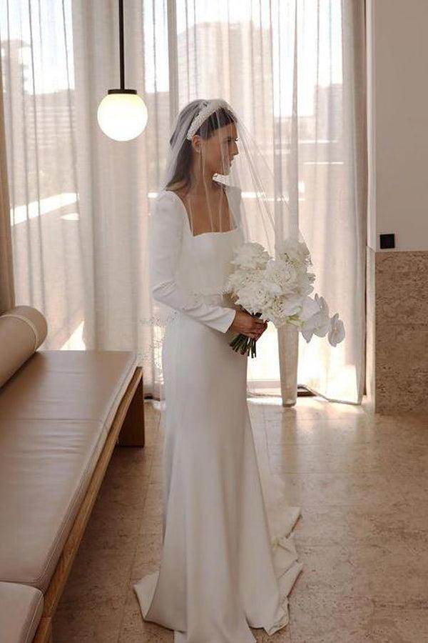 Retro Satin Long Sleeves Sweep Train Sheath Wedding Dress Bridal Gown TN284 - Tirdress