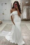 Romantic Simple Mermaid Off The Shoulder Ivory Satin Wedding Dress TN323 - Tirdress