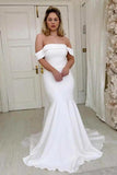 Romantic Simple Mermaid Off The Shoulder Ivory Satin Wedding Dress TN323 - Tirdress