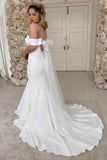 Romantic Simple Mermaid Off The Shoulder Ivory Satin Wedding Dress TN323 - Tirdress