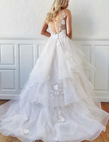 Romantic A-Line V Neck Tiered Appliques Tulle Long Wedding Dresses TN187 - Tirdress