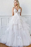 Romantic A-Line V Neck Tiered Appliques Tulle Long Wedding Dresses TN187