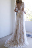 Romantic A-line White Lace Long Wedding Dress with Open Back WD111