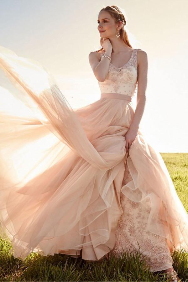 Romantic V Neck Blush Pink Lace Wedding Dresses Detachable Skirt Bridal Dresses WD088 - Tirdress