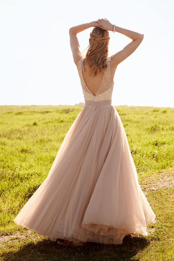 Romantic V Neck Blush Pink Lace Wedding Dresses Detachable Skirt Bridal Dresses WD088 - Tirdress