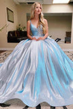 Romantic Sky Blue Ball Gown Prom Gown Sparkly V Neck Party Dress TP0968