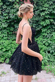 Round Neck Straps Black Stars Homecoming Dress School Dance Dress HD0138 - Tirdress